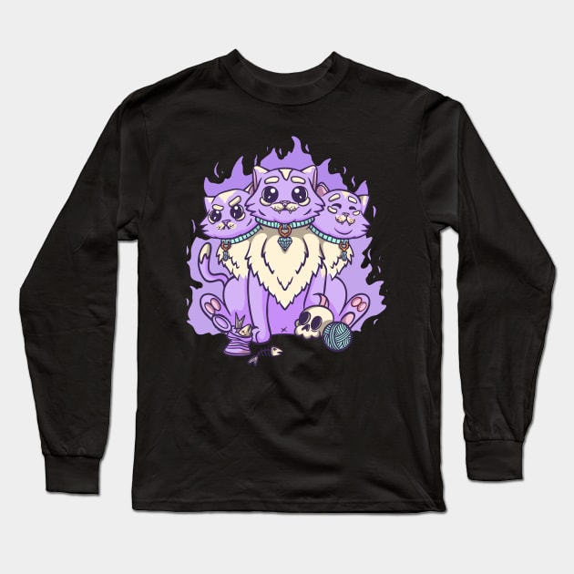 Kawaii Pastel Goth Cute Creepy 3 Headed Cat Skul, Long Sleeve T-Shirt by PinkyTree